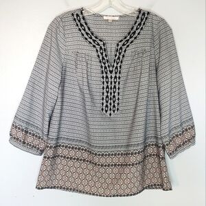 Skies Are Blue Embroidered Geo Print Boho Blouse M